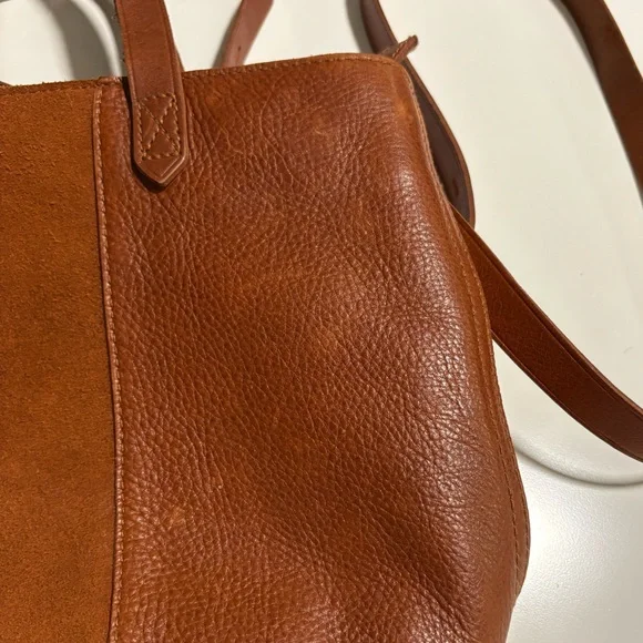 Madewell Small Transport Leather Crossbody Tote Suede Stripe Brown Maple Syrup